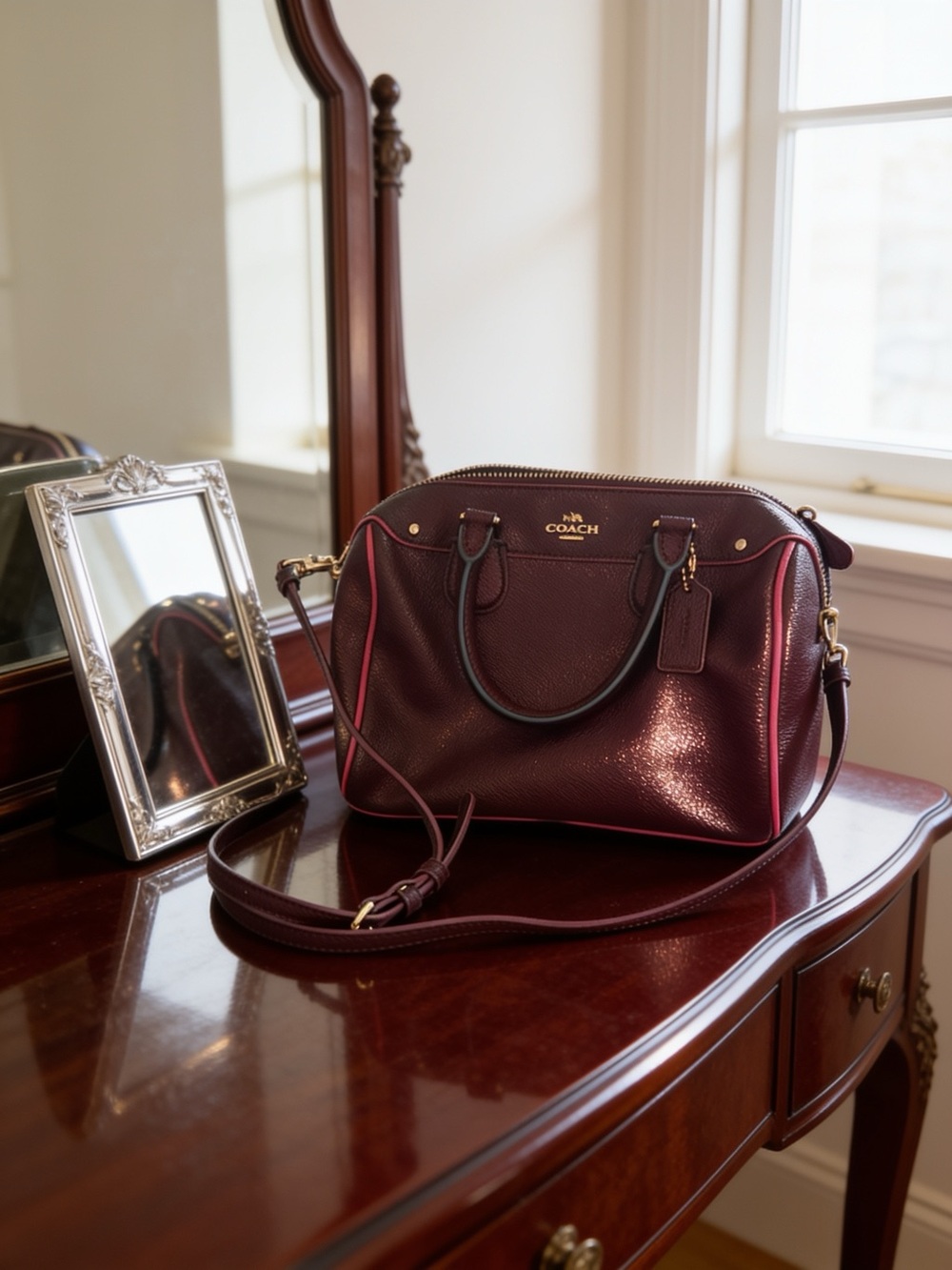 Coach Leather Satchel in Deep Merlot with Pink Piping